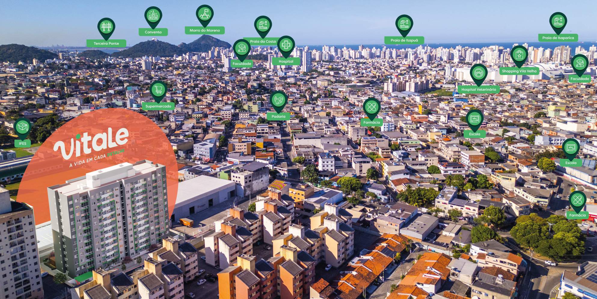 Imagem aérea com a implantação do Vitale Residencial em Santa Inês, Vila Velha, e as referências do entorno