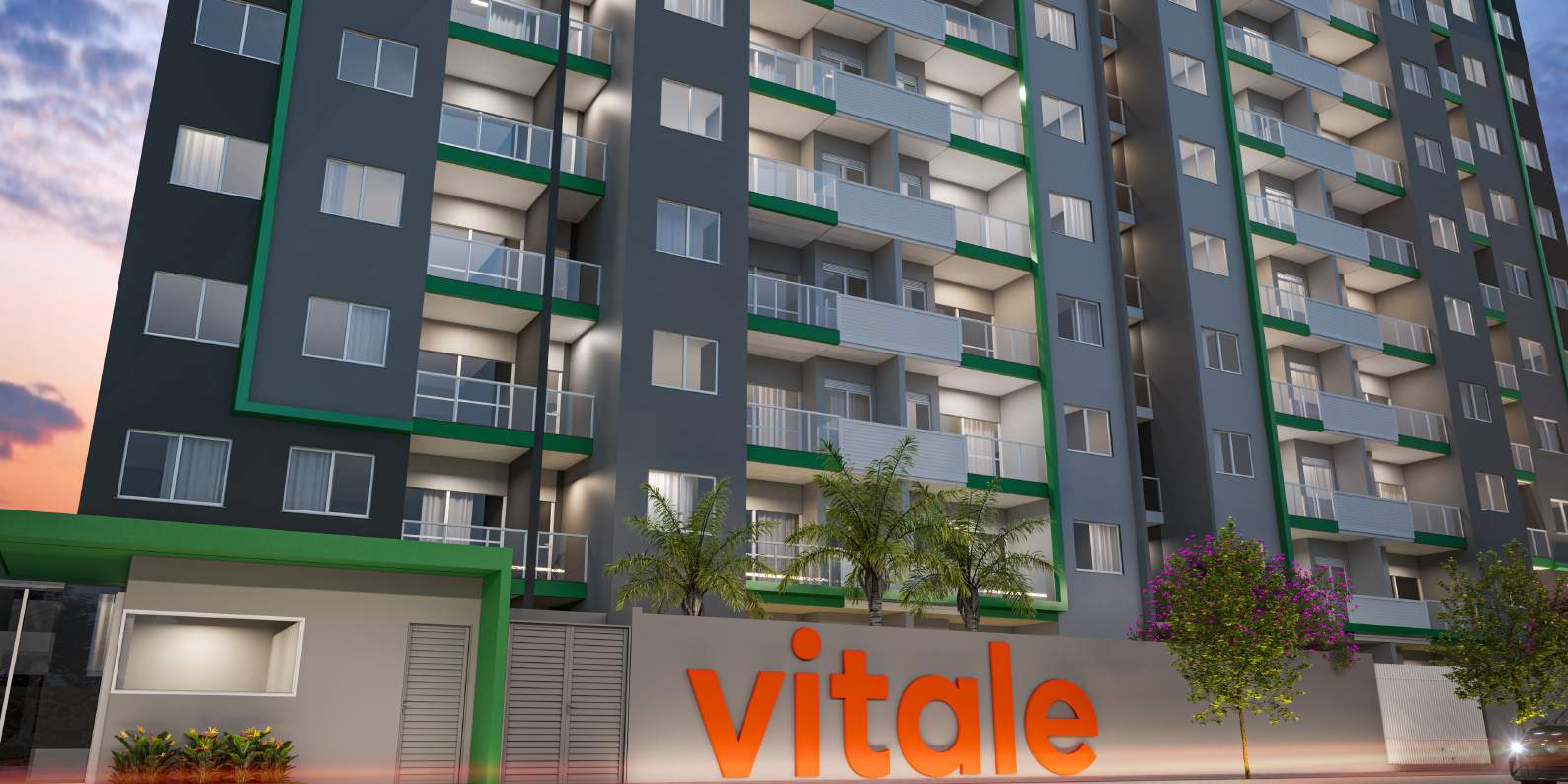 Perspectiva artística da fachada do Vitale Residencial durante o dia