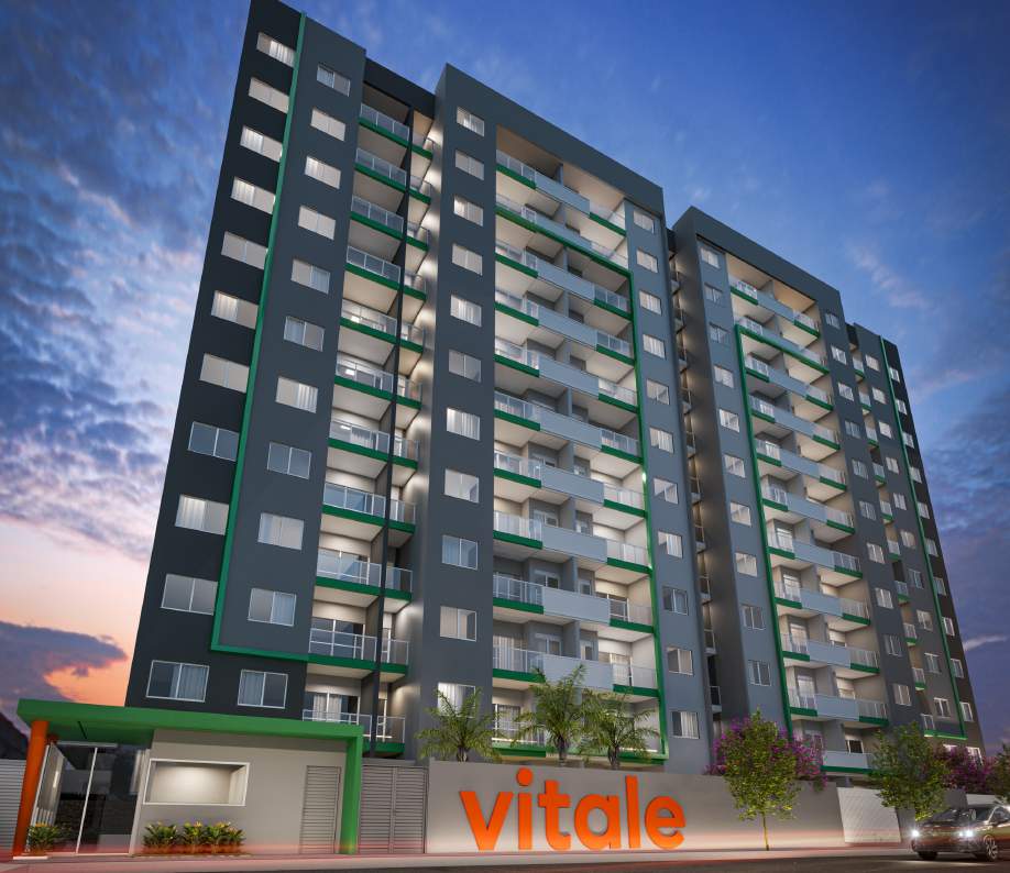 Perspectiva artística da fachada do Vitale Residencial ao entardecer, em Santa Inês, Vila Velha