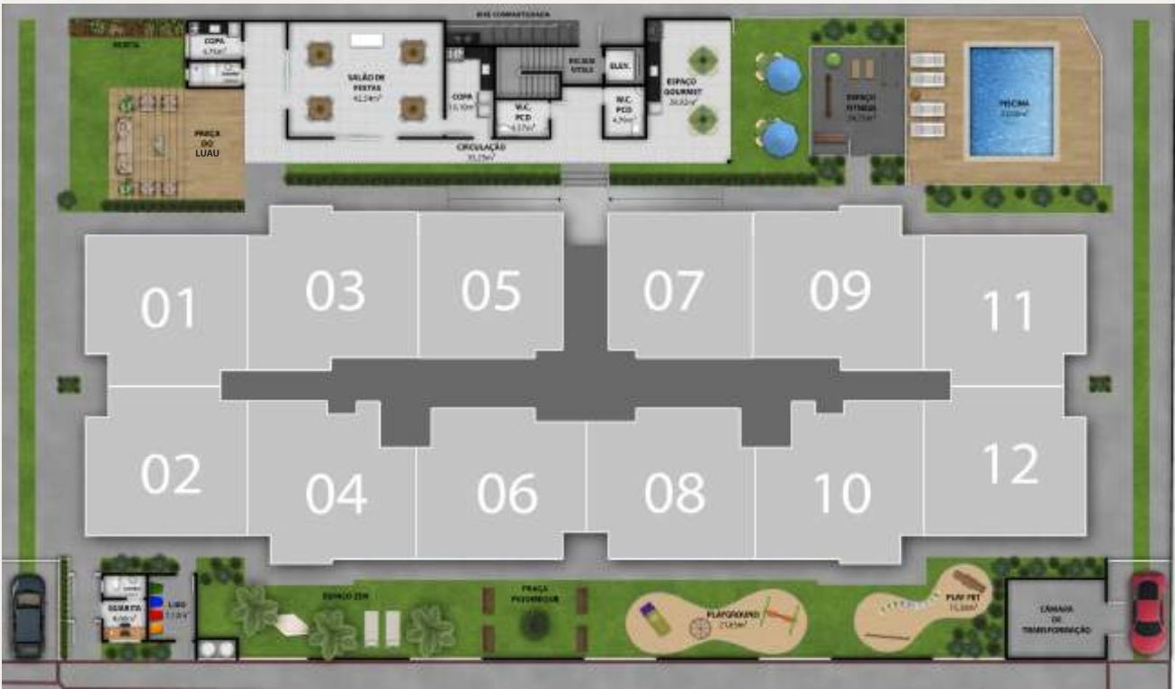 Planta de implantação do Vitale Residencial mostrando a distribuição das áreas comuns no terreno