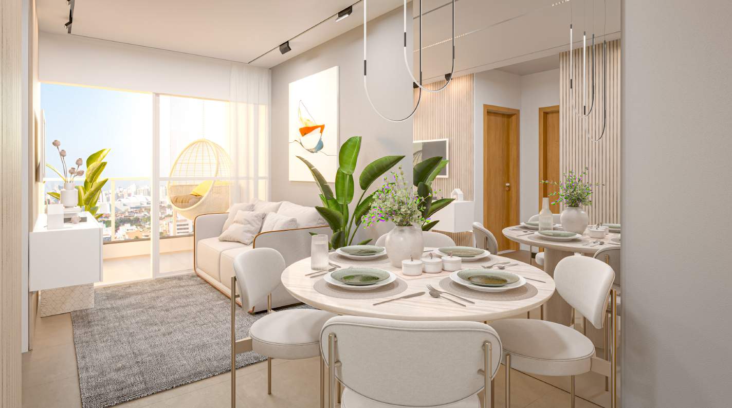 Perspectiva artística do living decorado de um apartamento do Vitale Residencial, com varanda integrada