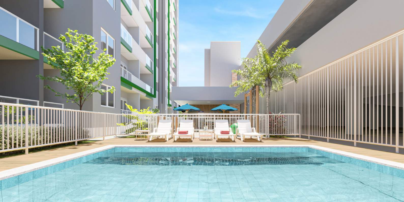 Perspectiva artística da piscina do Vitale Residencial com deck e área de convivência