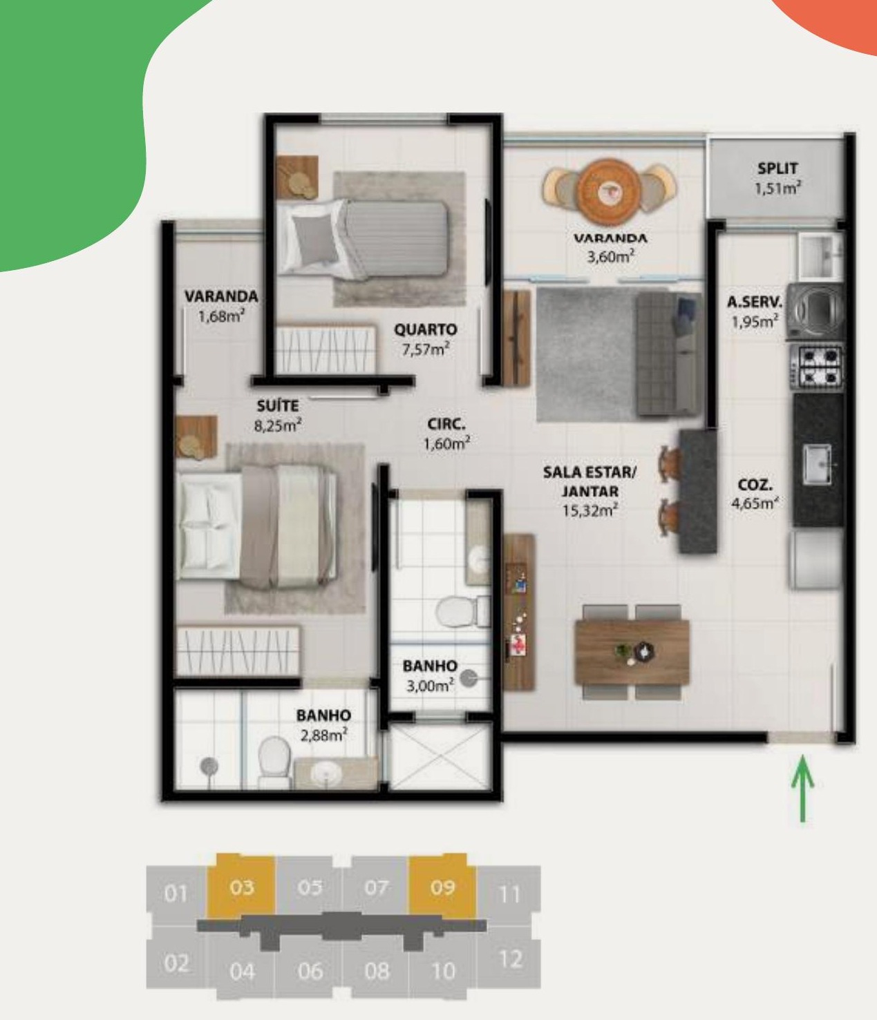 Planta humanizada oficial de 59,52 m² do Vitale Residencial, com suíte, quarto, varanda, sala estar/jantar integrada e cozinha