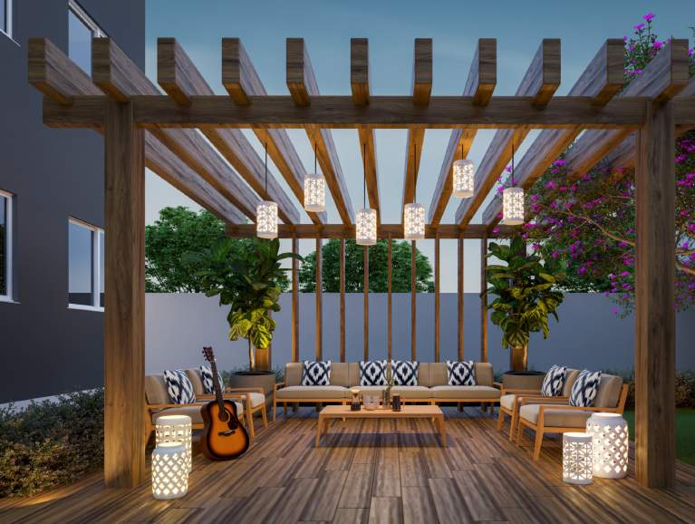 Perspectiva artística da praça luau do Vitale Residencial ao entardecer